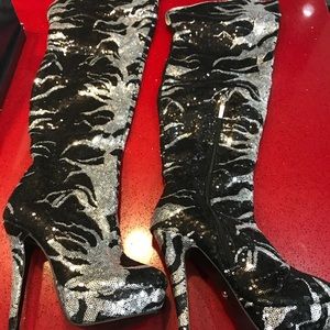 Over the Knee Black and Silver Sequin Boots